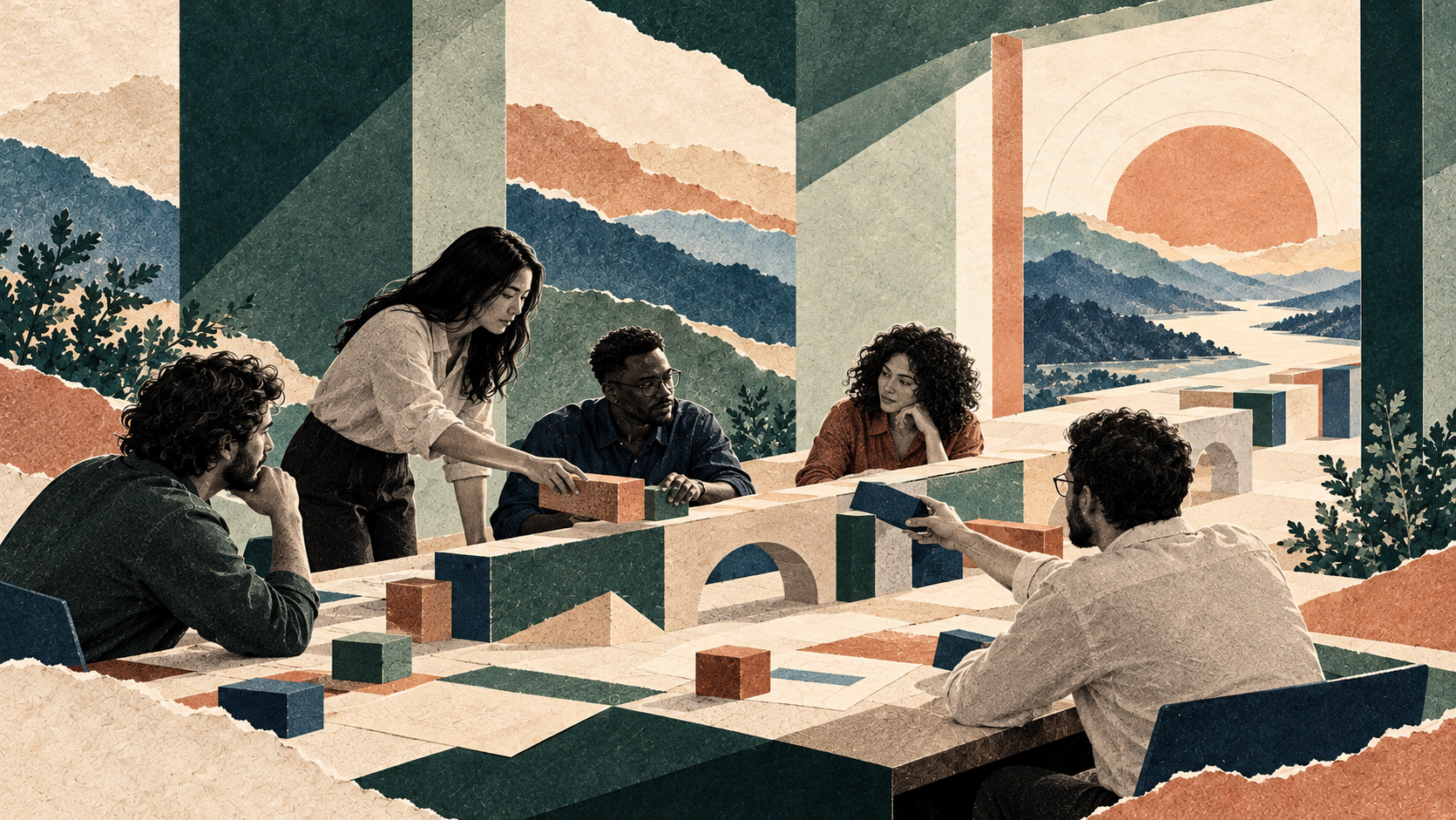 Editorial collage of founders collaborating with architectural blocks, in sage, clay and ivory